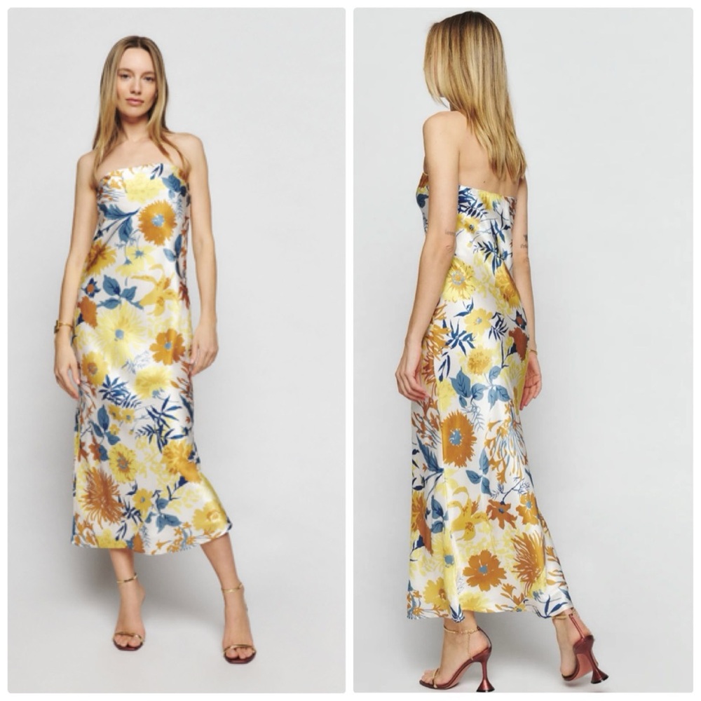 Reformation One-Shoulder Floral Slip Dress — White, Yellow, Blue, Brown